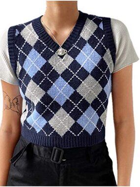 Preppy Argyle Sweater Vest Crop Top Sleeveless Knit Tank